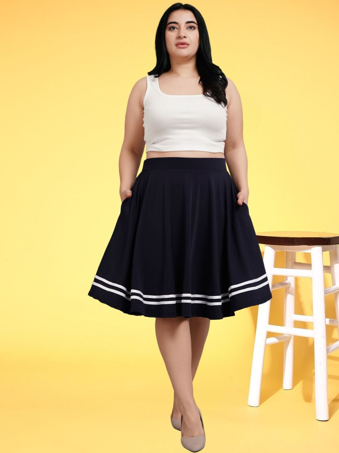 BAESD Plus Size Double Stripes Midi Skirt with Pockets