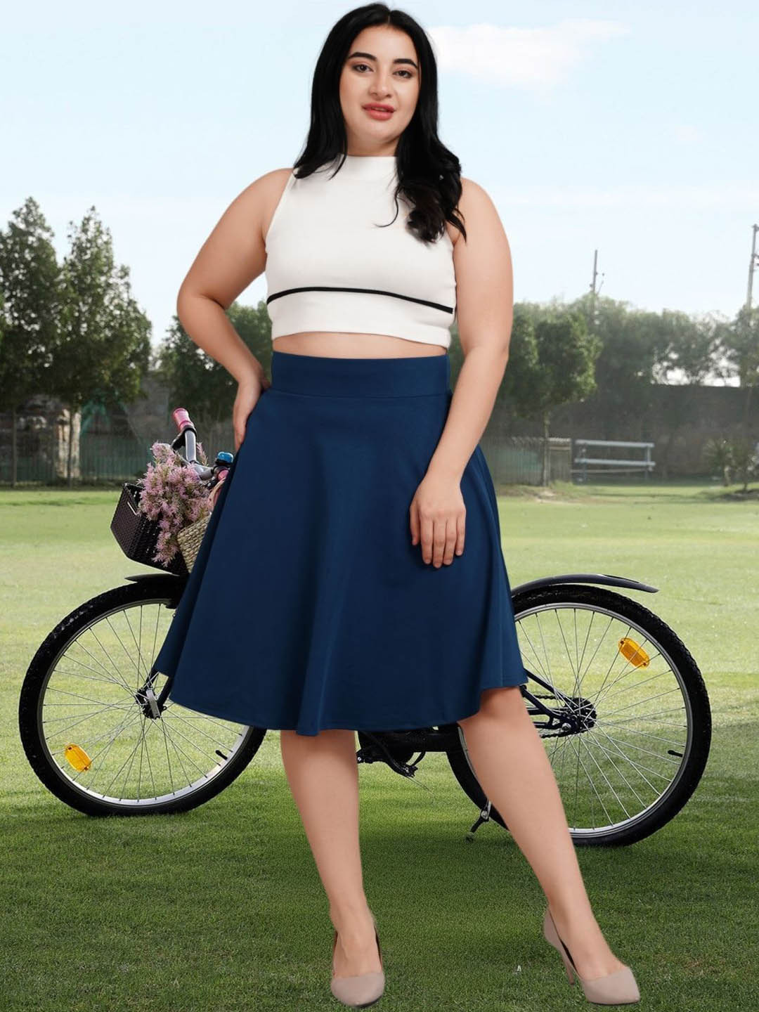 BAESD Plus Size Basic Midi Flared Skirt with Pockets