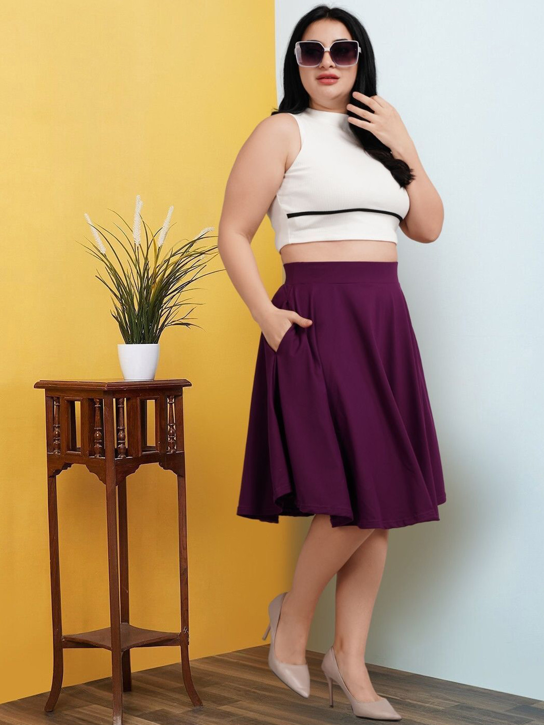BAESD Plus Size Flared Midi Skirt with Pockets