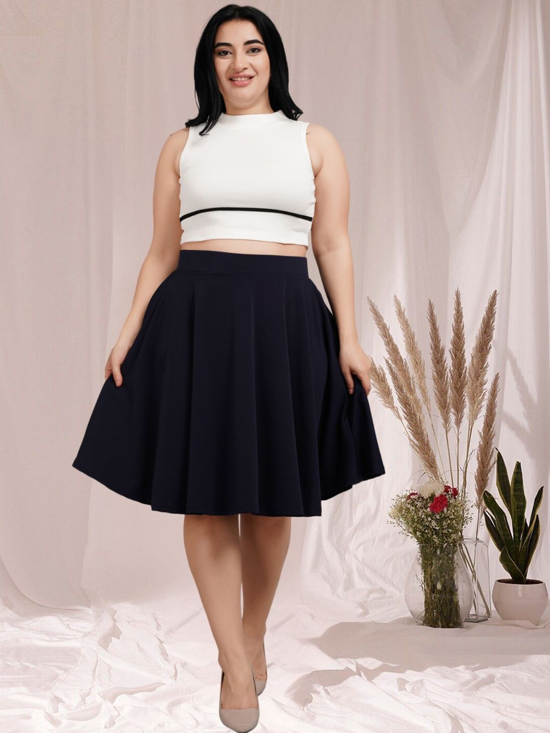 BAESD Plus Size Flared Midi Skirts with Pockets