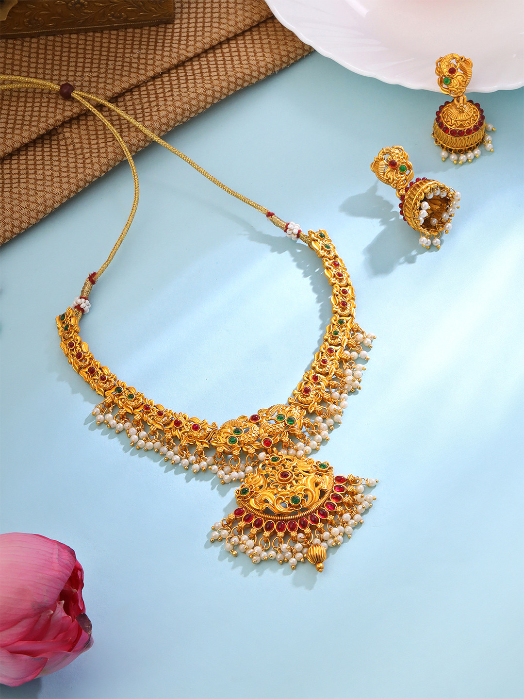 Yellow Chimes Gold-Plated Stone-Studded & Beaded Jewellery Set