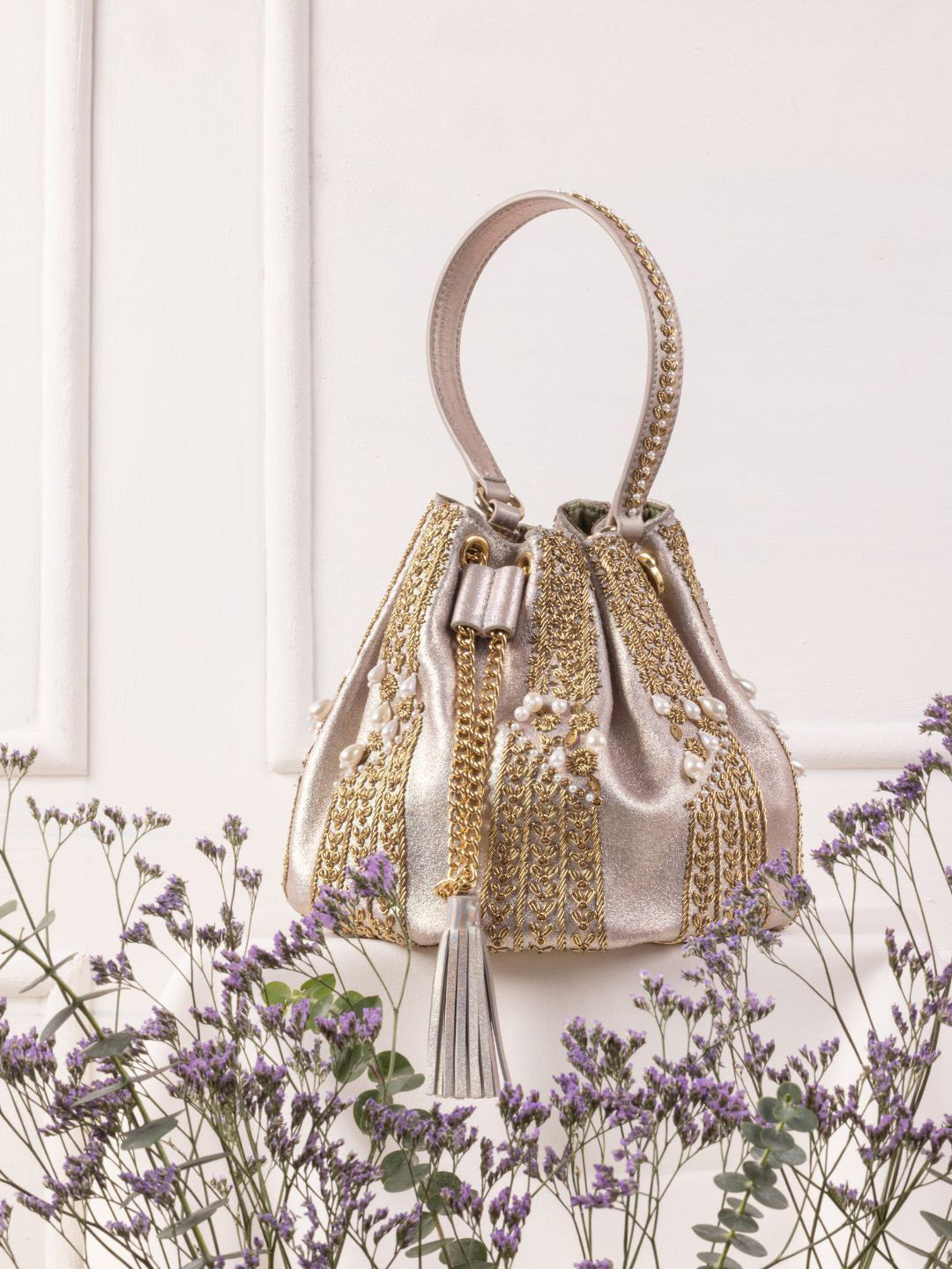 The Leather Garden Leather Bucket Shoulder Bag with Cut Work