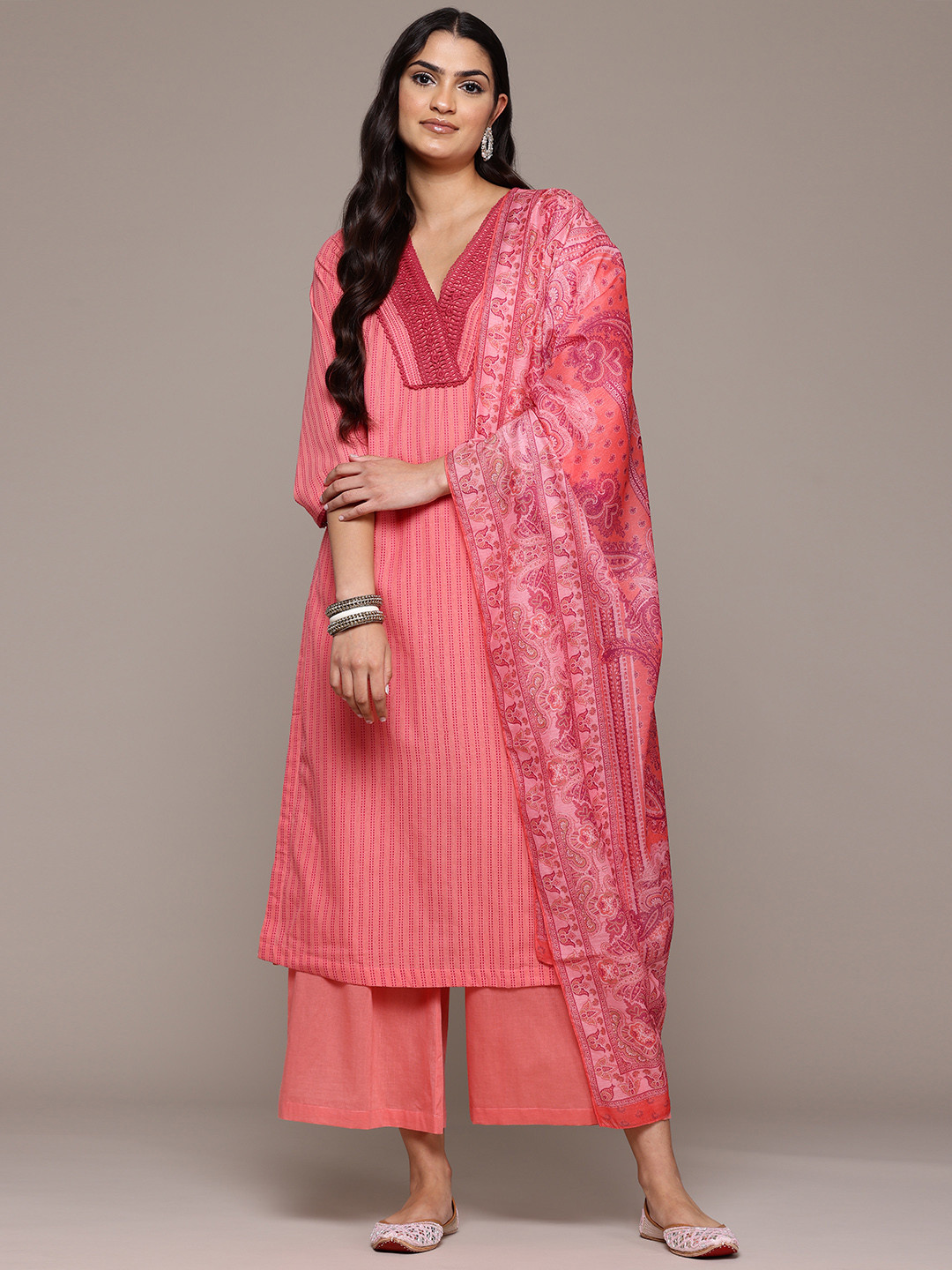aarke Ritu Kumar Embroidered Kantha Work Pure Cotton Kurta With Palazzos & Dupatta