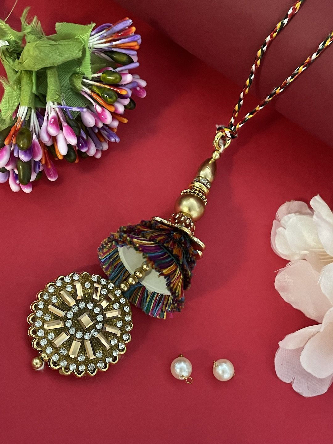 Digital Dress Room Stone Studded Latkan Lumba Thread Rakhi With Roli Chawal