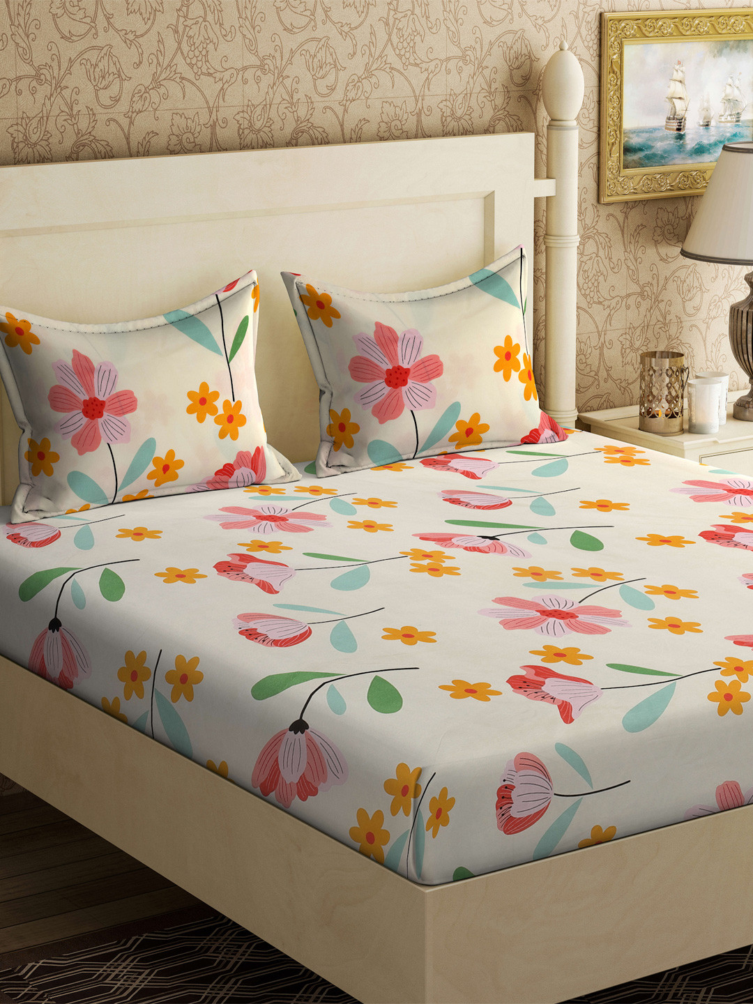 KLOTTHE Cream Floral Polycotton Skin-Friendly 300 TC King Fine Bedsheet with 2 Pillow Covers-98 x 89 inches