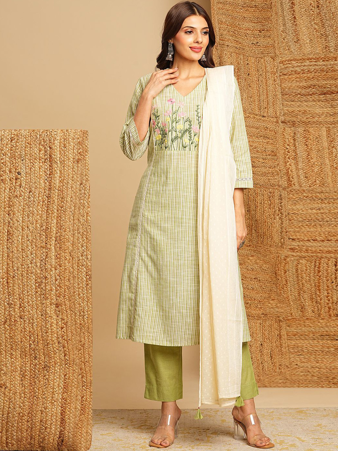 KAMI KUBI Striped Straight Thread Work Pure Cotton Kurta with Trousers & Dupatta