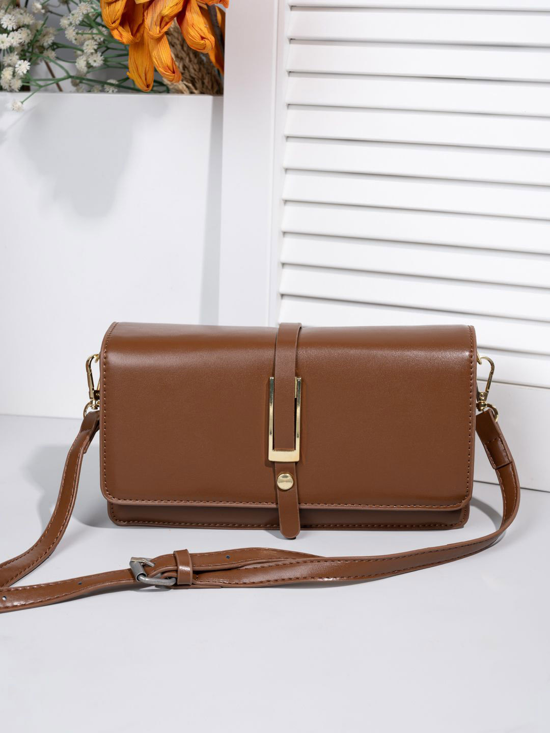 Styli Women Brown Gold Toned Belted Shoulder Bag