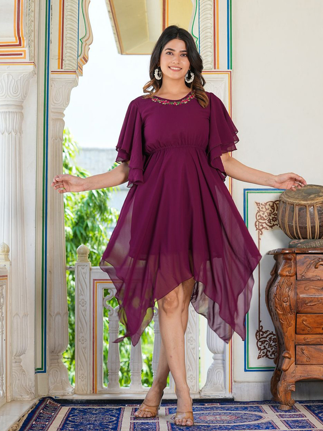YASH GALLERY Embroidered Flared Sleeve Georgette Fit & Flare Dress