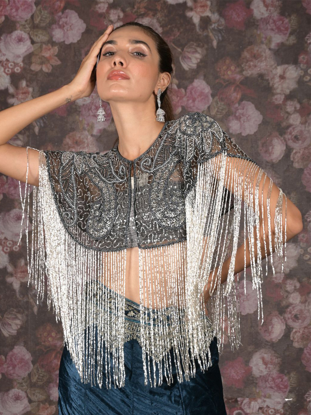 ODETTE Embellished Net Crop Button Cape Shrug