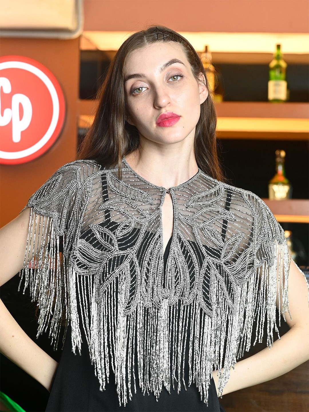 ODETTE Embellished Net Crop Button Cape Shrug