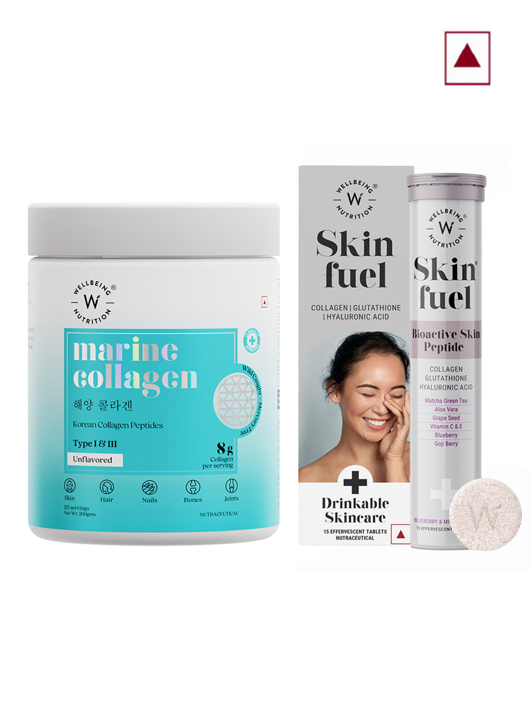 Wellbeing Nutrition Skin Fuel Tablets - 15 Pcs & Marine Collagen Powder - 200g