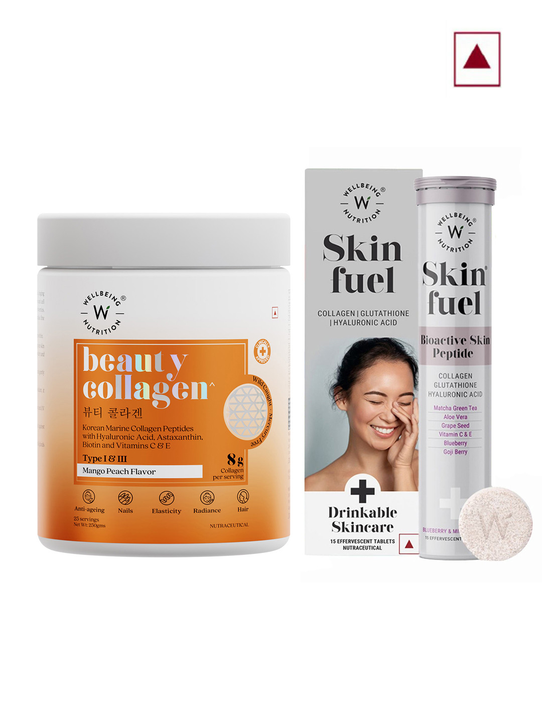 Wellbeing Nutrition Skin Fuel Tablets - 15 Pcs & Beauty Collagen Mango Peach Powder- 250g