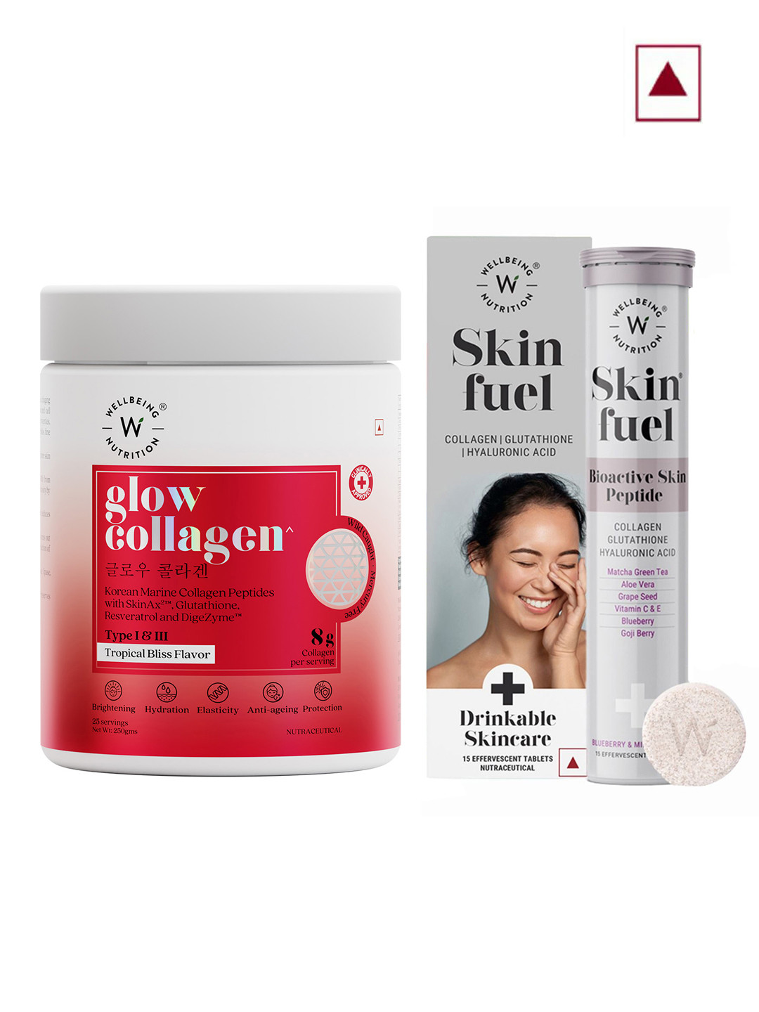 Wellbeing Nutrition Skin Fuel Tablets - 15 Pcs & Glow Collagen Tropical Bliss Powder- 250g