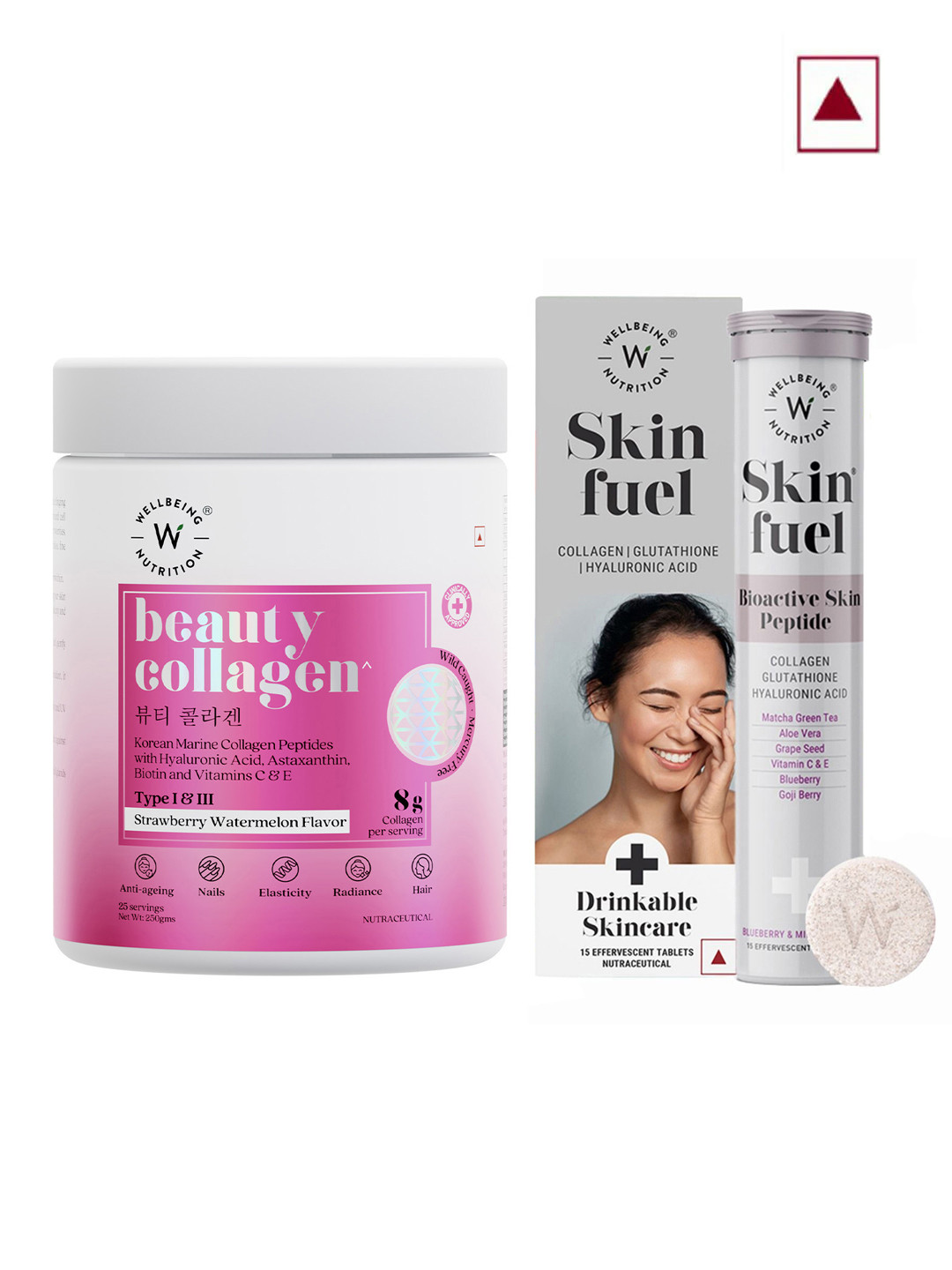 Wellbeing Nutrition Skin Fuel Tablets - 15 Pcs & Beauty Collagen Powder - 250g