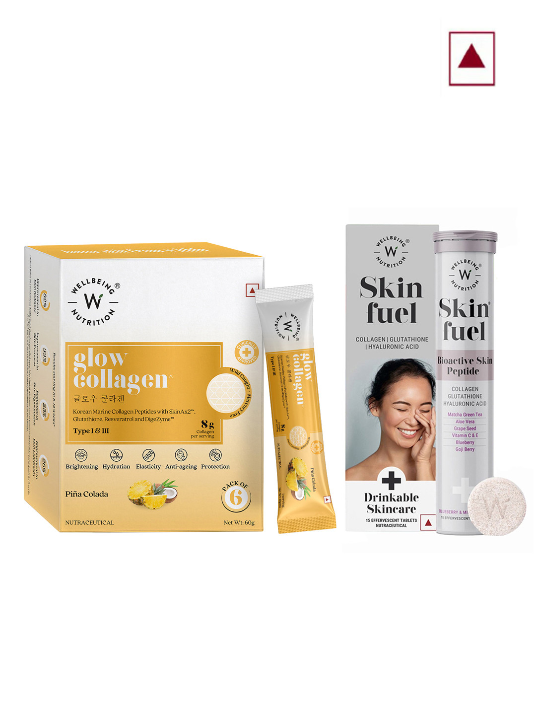 Wellbeing Nutrition Skin Fuel Tablets - 15 Pcs & Glow Collagen Powder - 6 Sachet