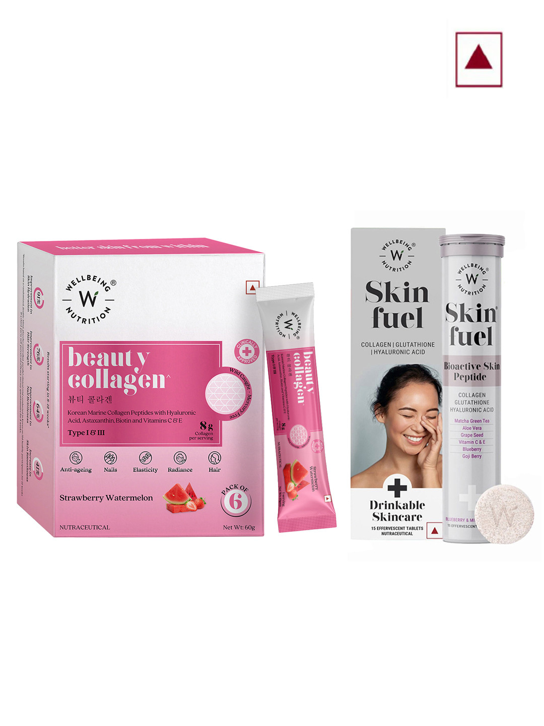 Wellbeing Nutrition Skin Fuel Tablets - 15 Pcs & Beauty Collagen Powder - 6 Sachet