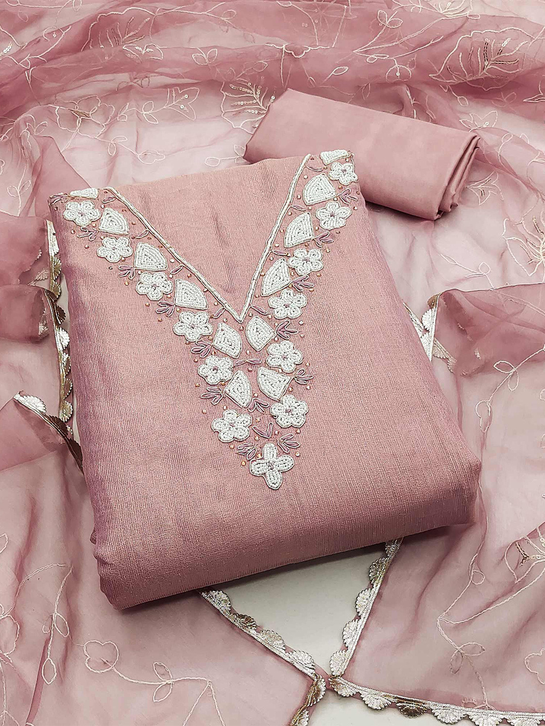 Peachmode Floral Embroidered Moti Work Pure Cotton Unstitched Dress Material