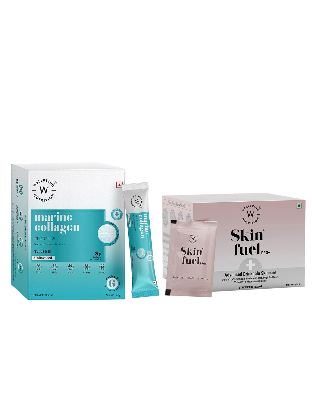 Wellbeing Nutrition Skin Fuel Pro+ - 28 Sachet & Marine Collagen Powder - 6 Sachet