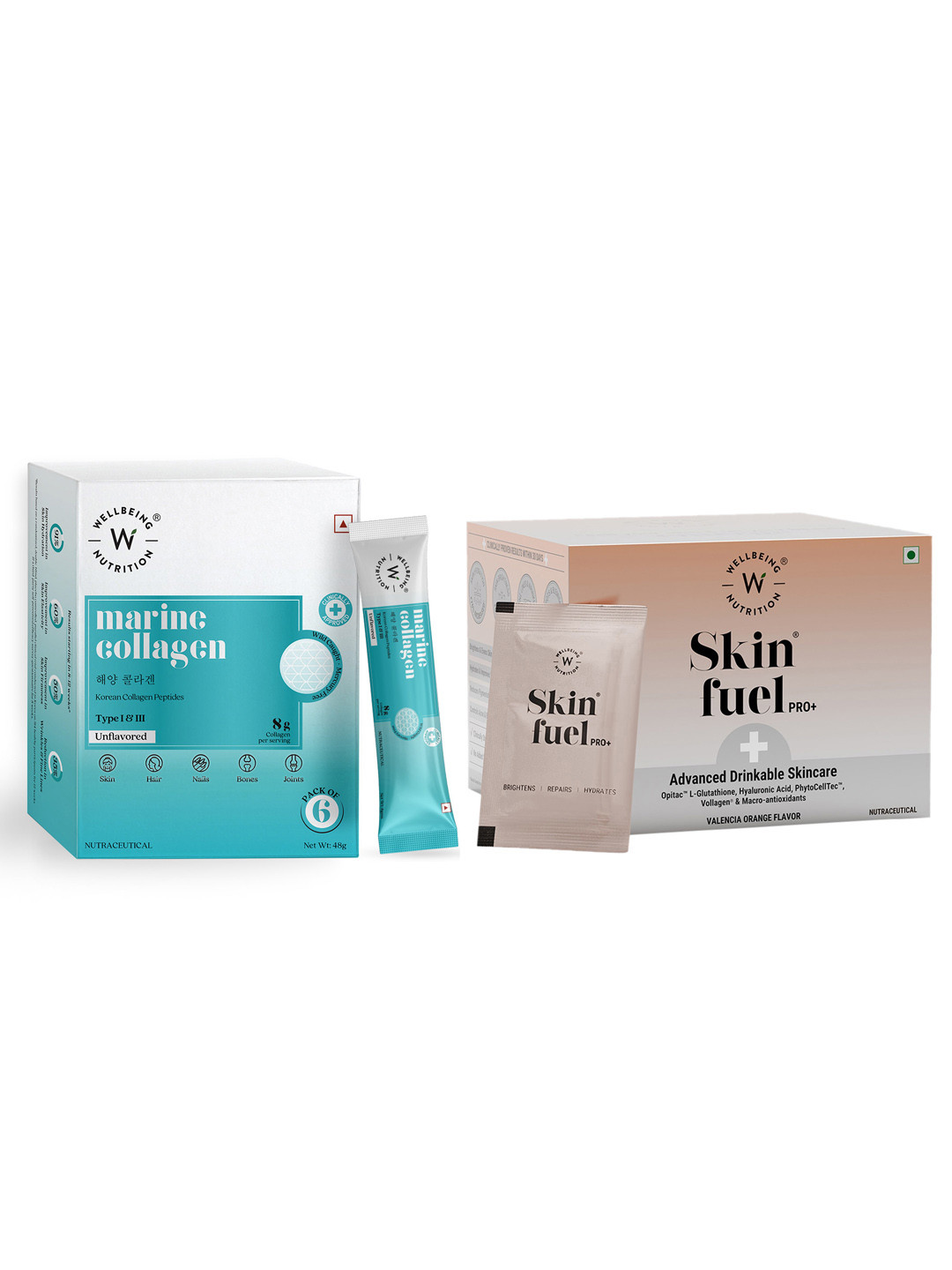 Wellbeing Nutrition Skin Fuel Pro+ - 28 Sachet & Marine Collagen Powder - 6 Sachet
