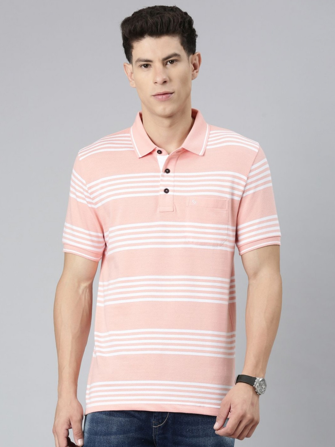 Classic Polo Men Striped Polo Collar Pockets Slim Fit T-shirt