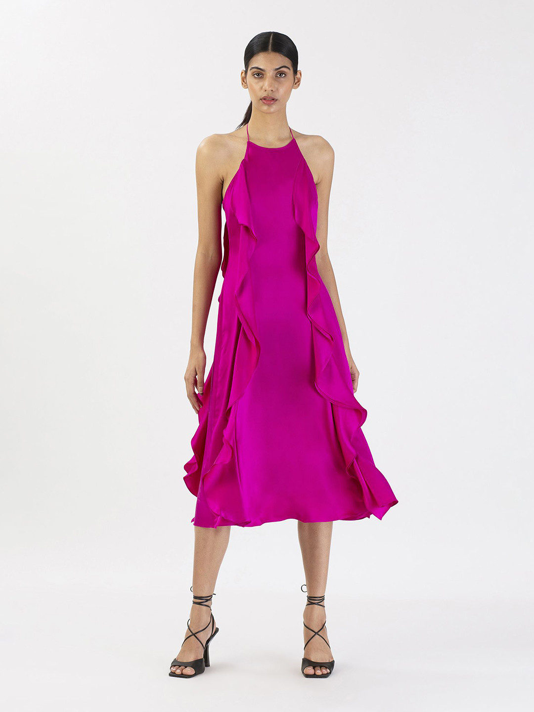 28 MOONS Women Halter Neck Satin Waterfall A-Line Midi Dress