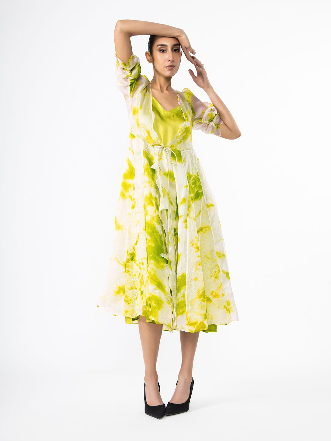 28 MOONS Print Puff Sleeves Fit and Flare Midi Dress