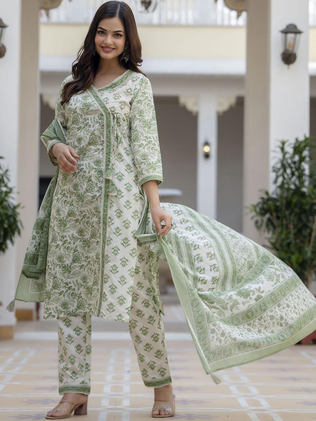 Anouk Green Floral Printed Angrakha Aari Work Pure Cotton Kurta with Trousers & Dupatta