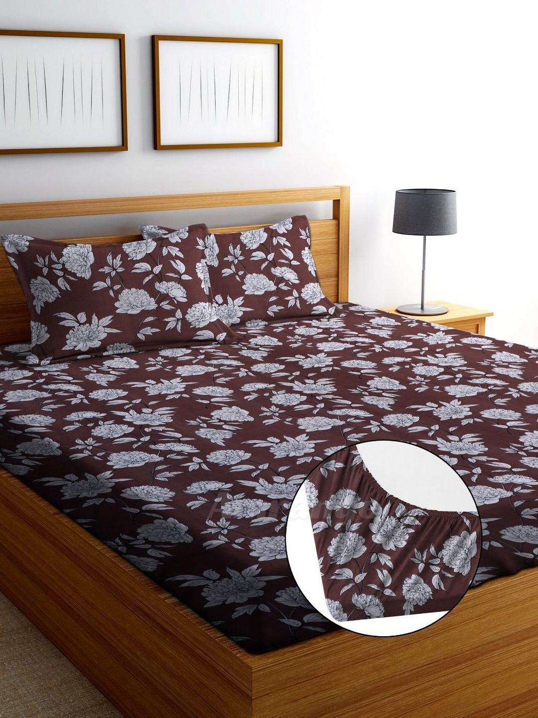 AMRANGE Brown Floral Microfiber Breathable 250 TC Fitted King Fine Bedsheet with 2 Pillow Covers-78 x 73 inches