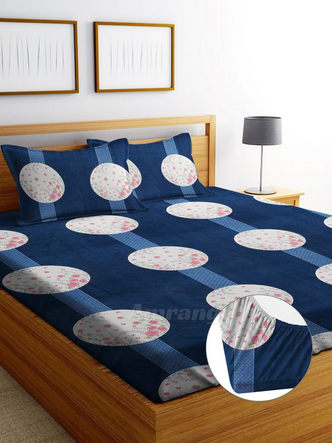 AMRANGE Blue Floral Microfiber 250 TC Fitted King Fine Bedsheet with 2 Pillow Covers-78 x 73 inches