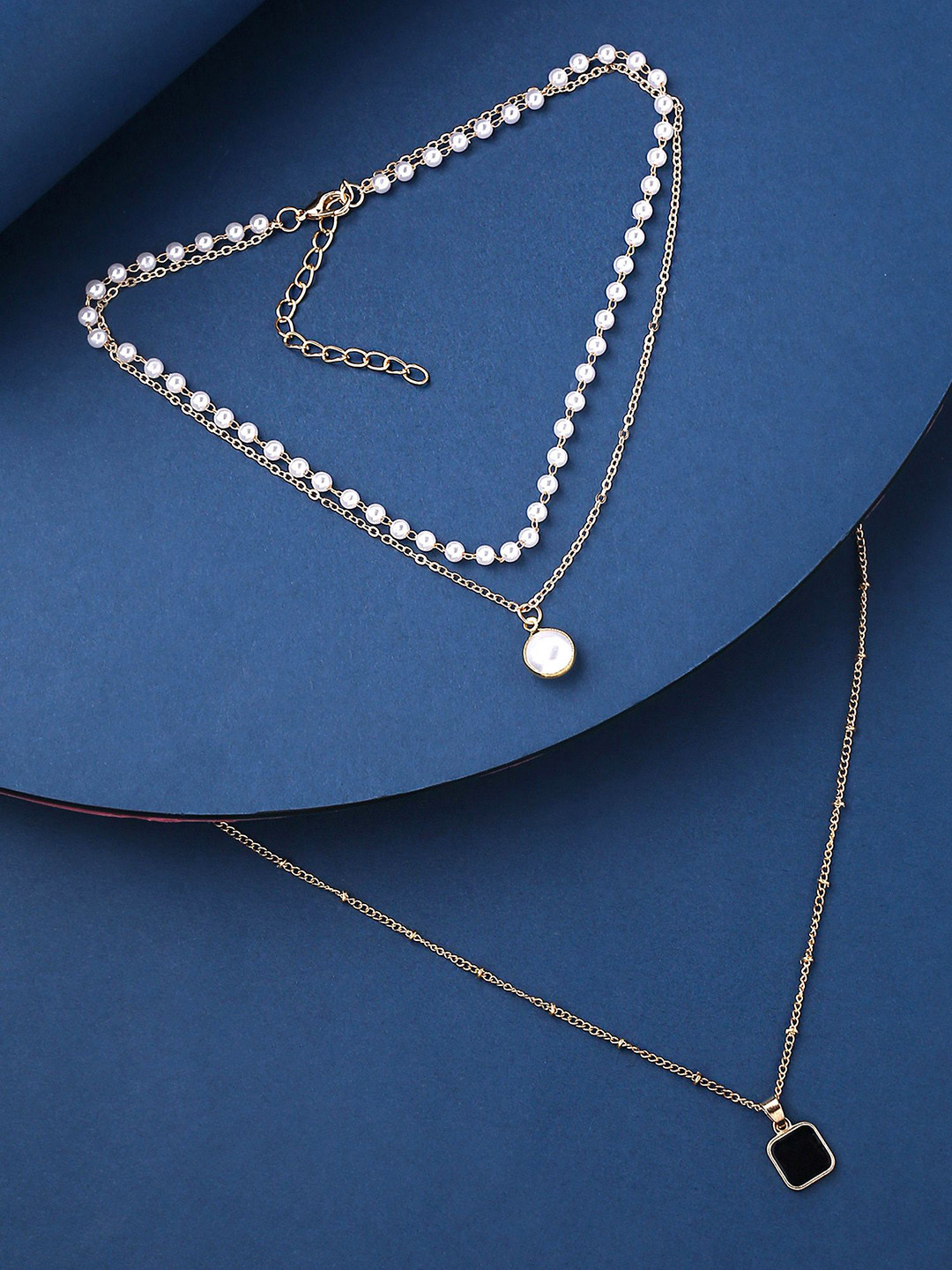 Unwind by Yellow Chimes Set of 2 Gold-Plated Studded & Beaded Square Pendants with Chains