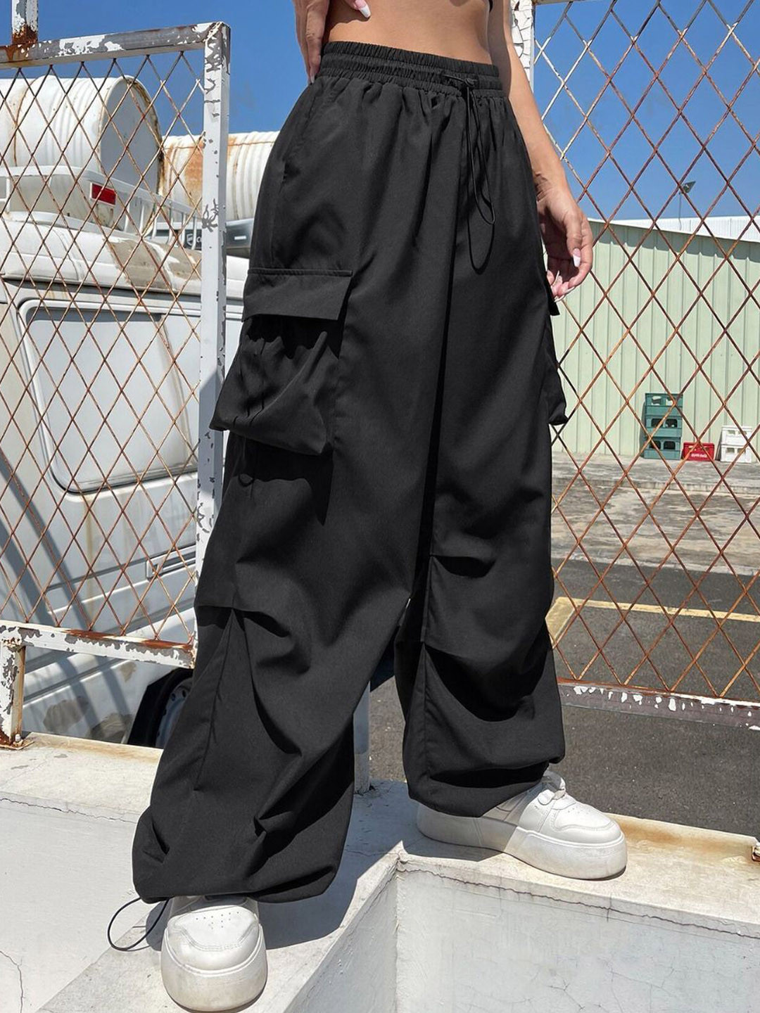 BUY NEW TREND Women Relaxed Loose Fit High-Rise Parachute Cargo Wrinkle Free Trousers