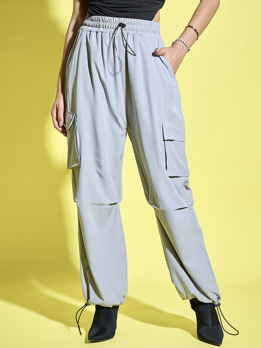BUY NEW TREND Women Relaxed Loose Fit High-Rise Wrinkle Free Cargos Parachute Trousers