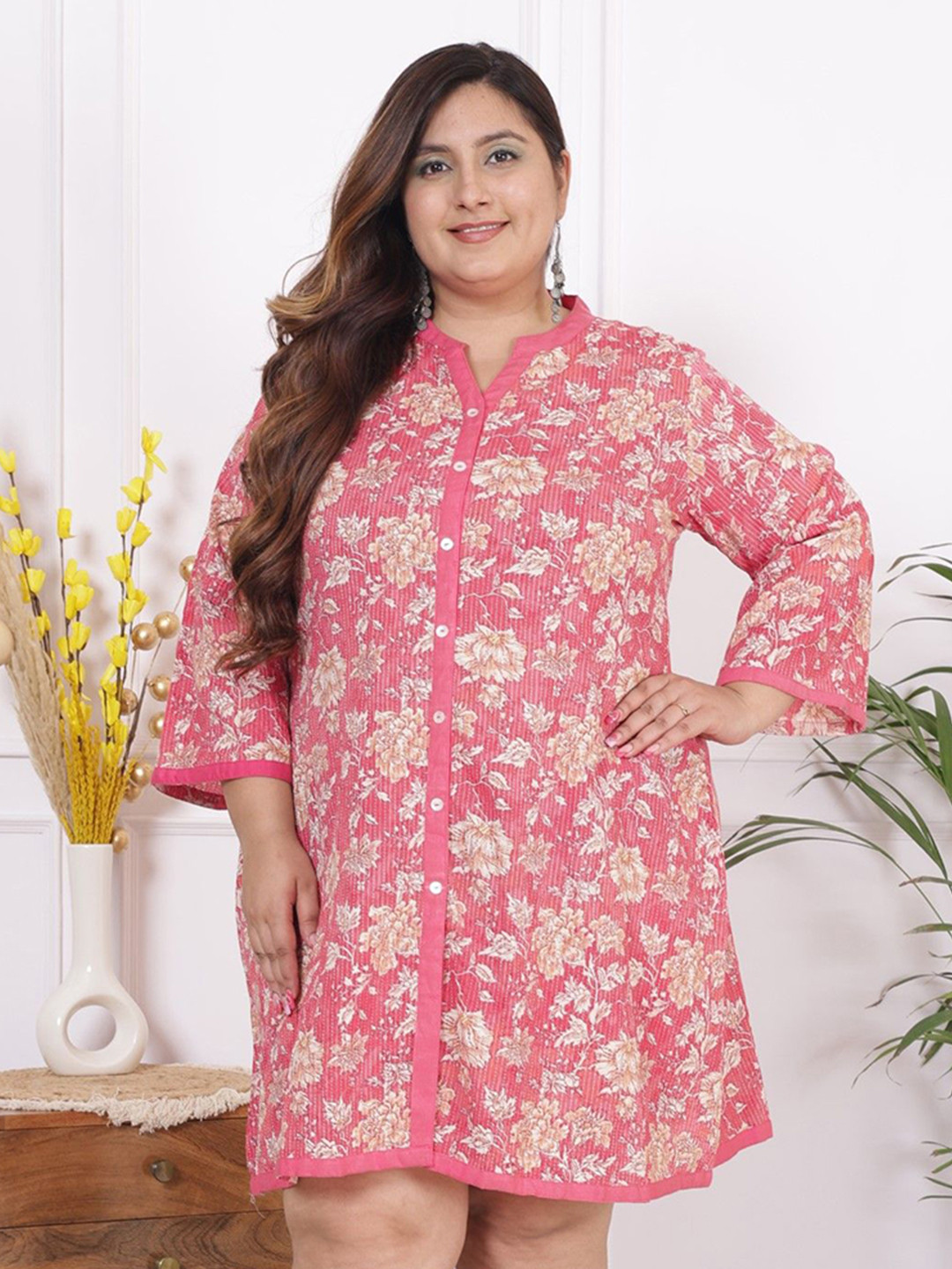 KALINI Plus Size Floral Print Long Sleeves Cotton Shirt Dress