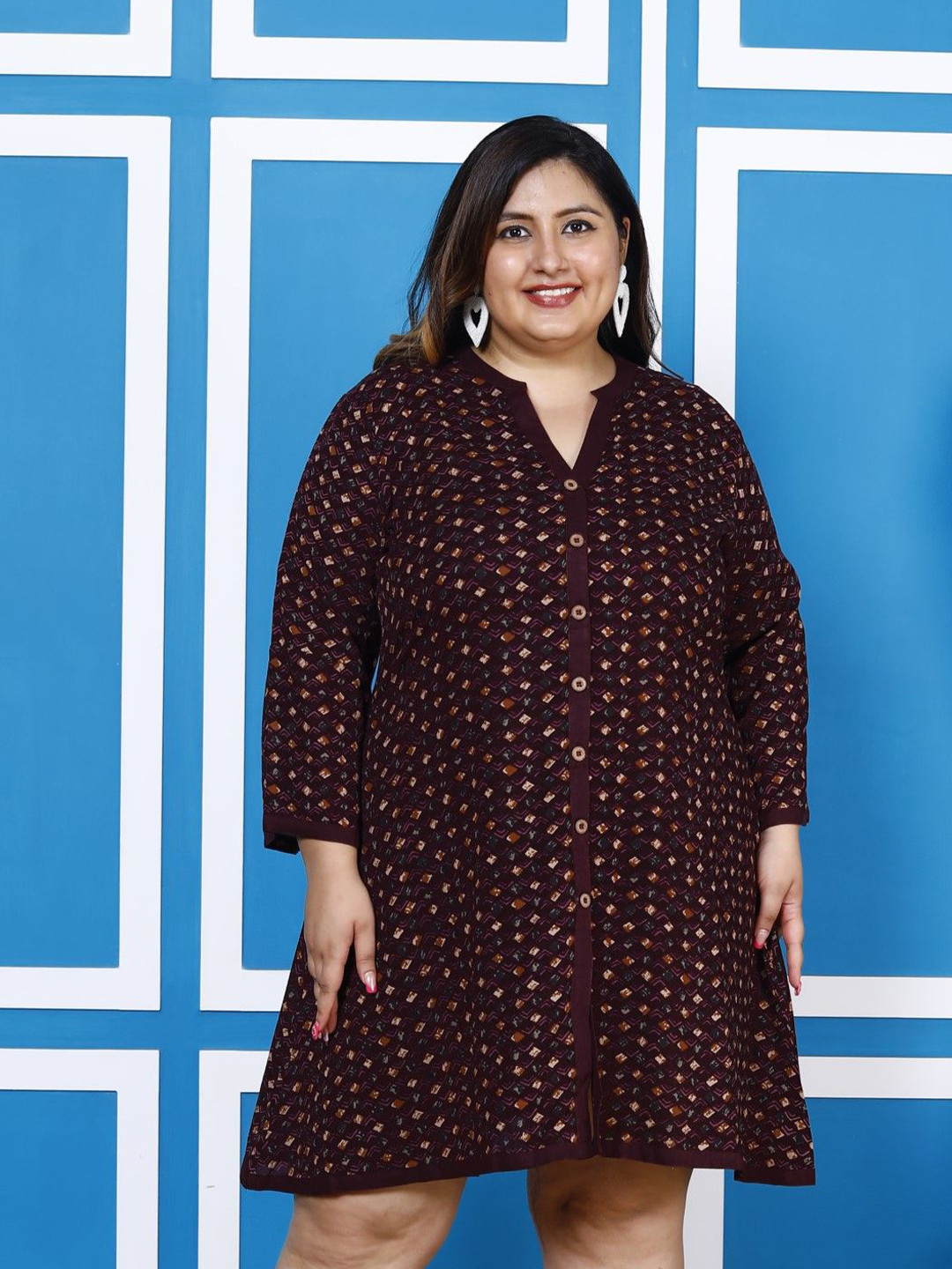 Swasti Printed Plus Size Mandarin Collar A-Line Dress