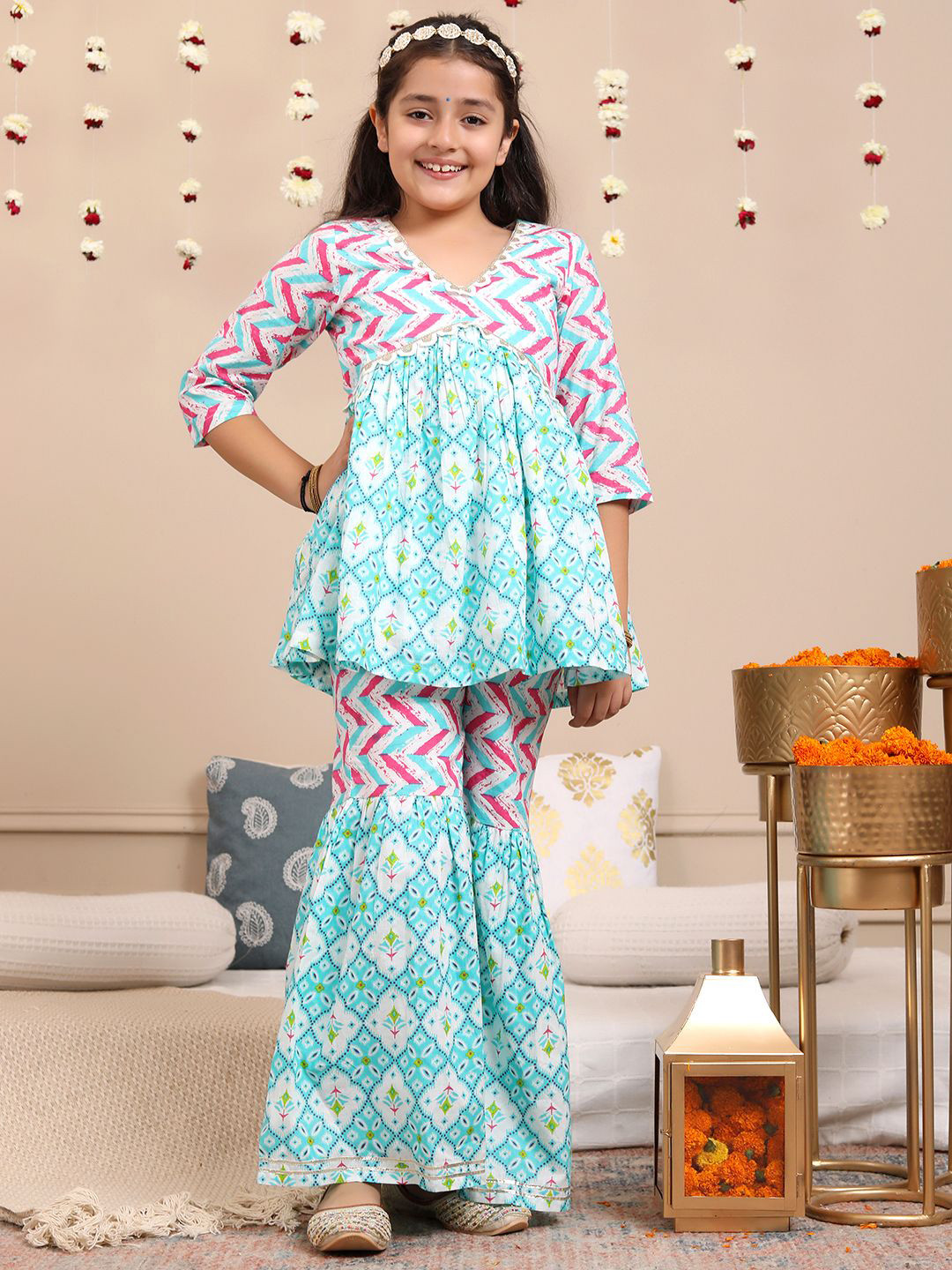 Budding Bees Girls Floral Printed V-Neck Pure Cotton Empire A-Line Kurta with Sharara