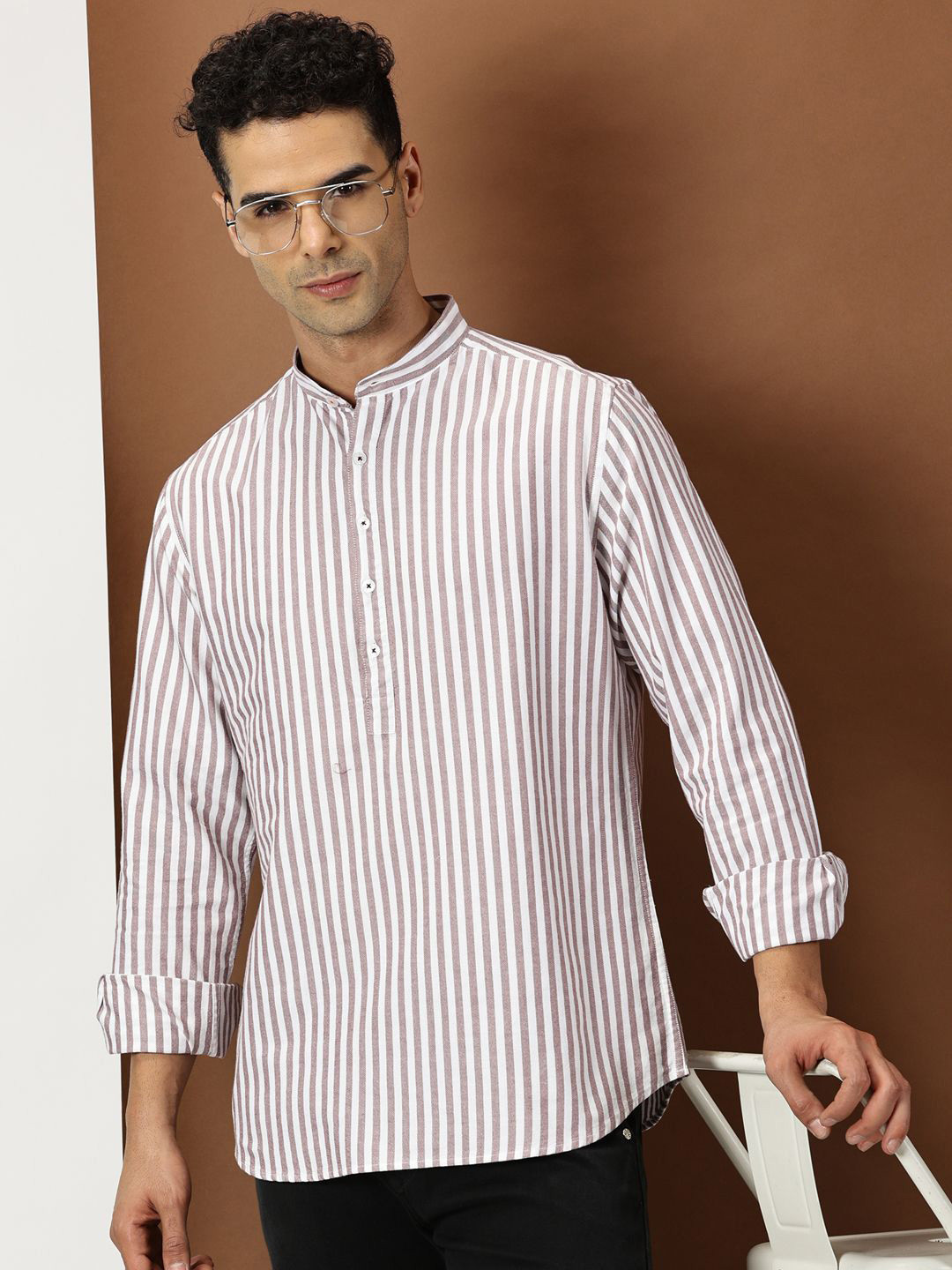 INVICTUS Men Original Band Collar Vertical Striped Cotton Slim Fit Casual Shirt