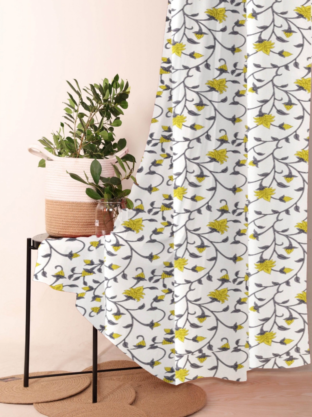 Trance Home Linen White & Yellow Printed Room Darkening Pure Cotton Long Door Curtain