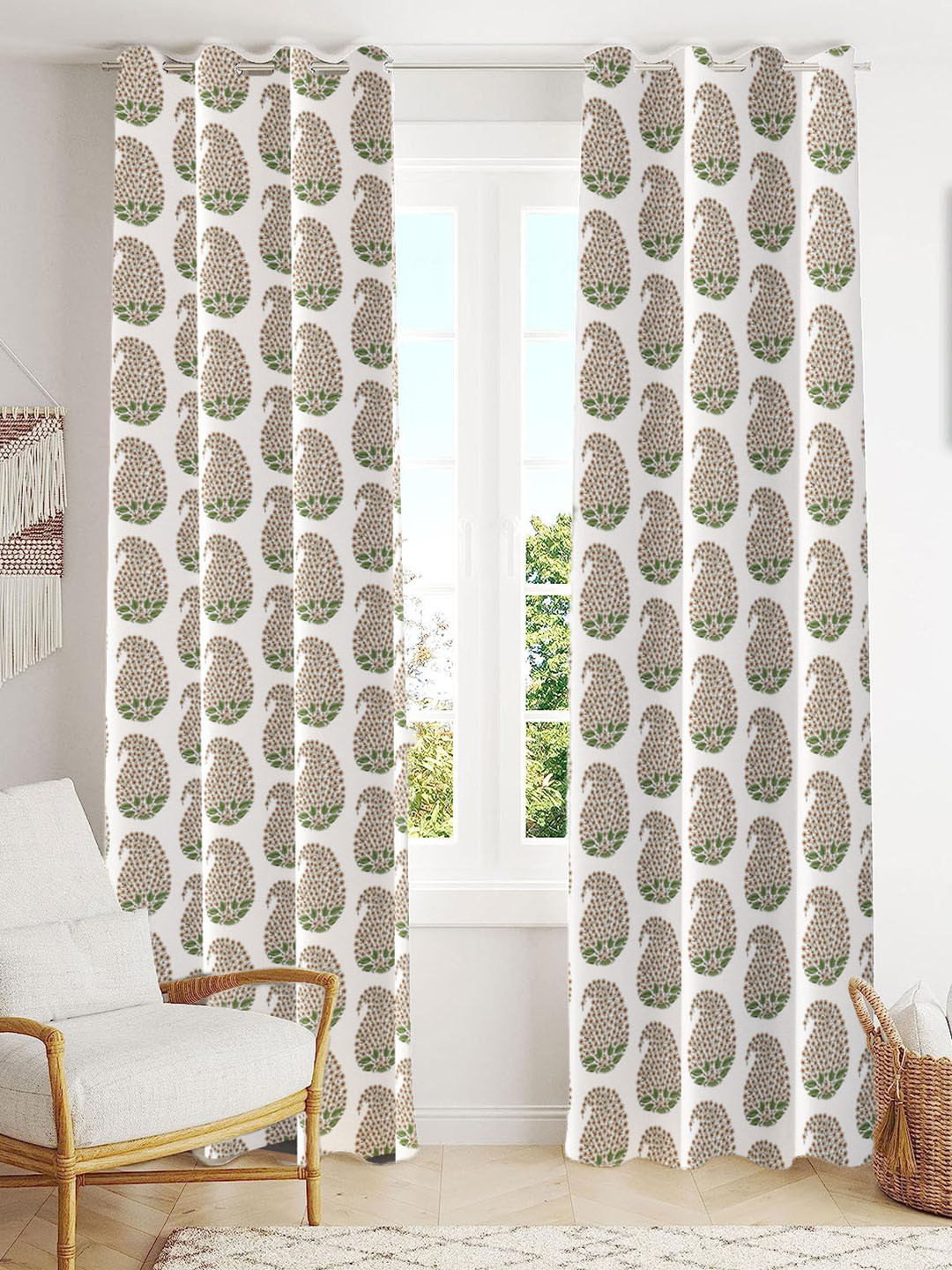 Trance Home Linen White & Orange Ethnic Motifs Printed Room Darkening Long Door Curtain