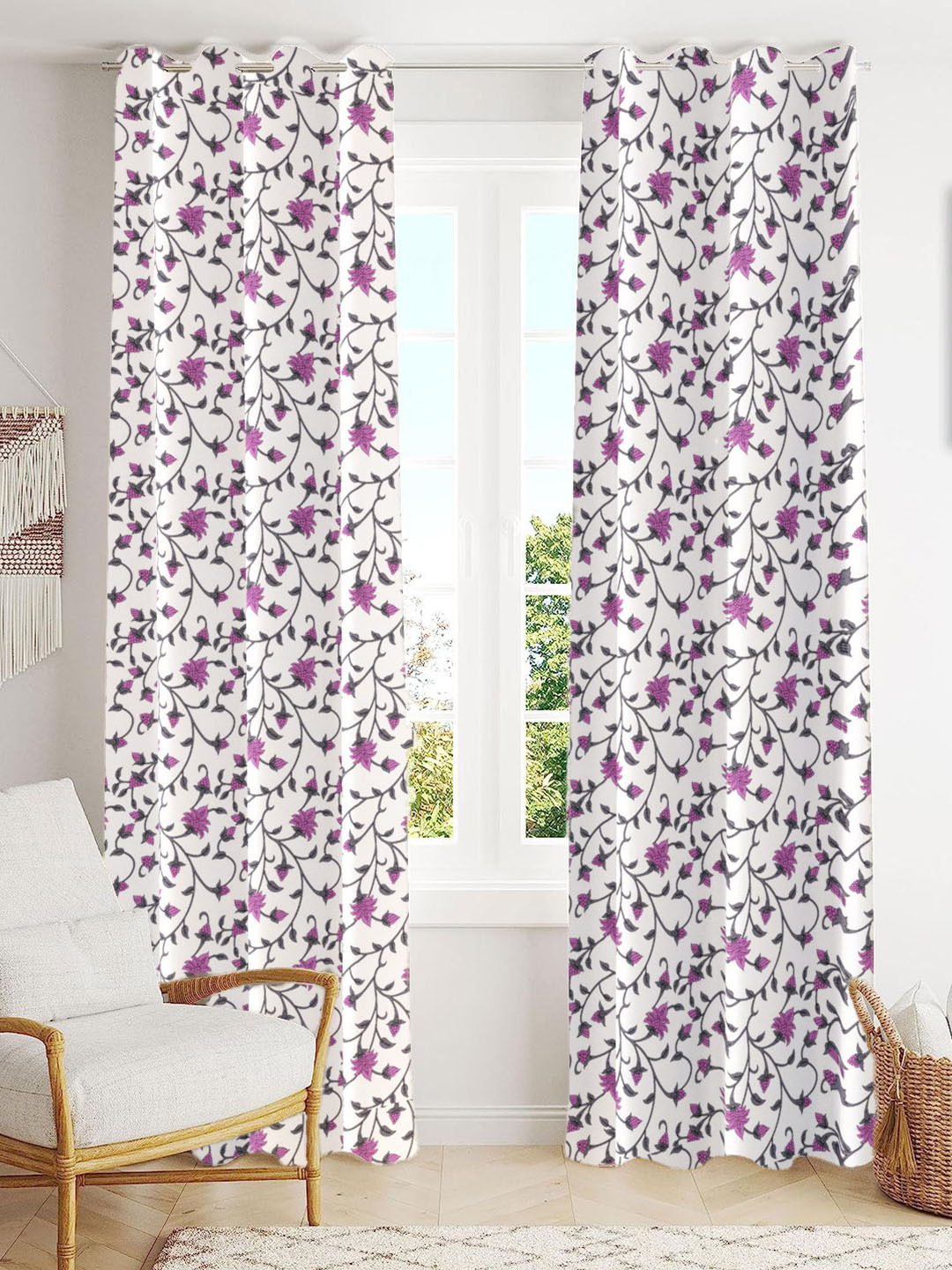 Trance Home Linen Mauve & White Floral Printed Room Darkening Pure Cotton Door Curtain
