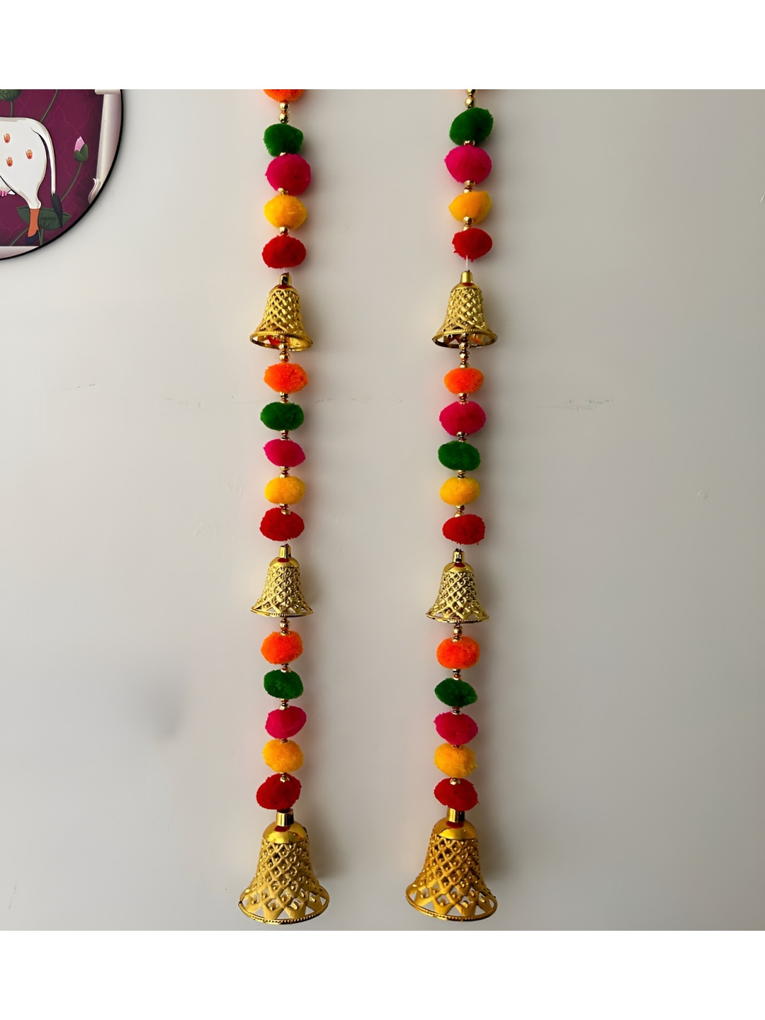PLAYFUL STITCHES Green & Yellow 2 Pieces Pom Pom with Bell Wall Hangings Toran