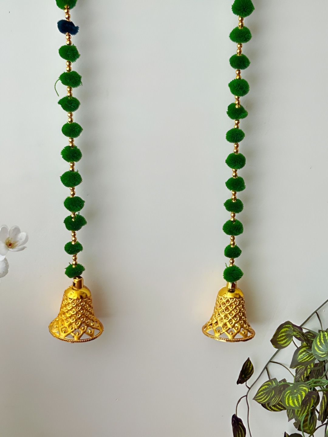 PLAYFUL STITCHES Green & God Toned 2 Piecss Door Hanging Pom Pom with Bell Toran