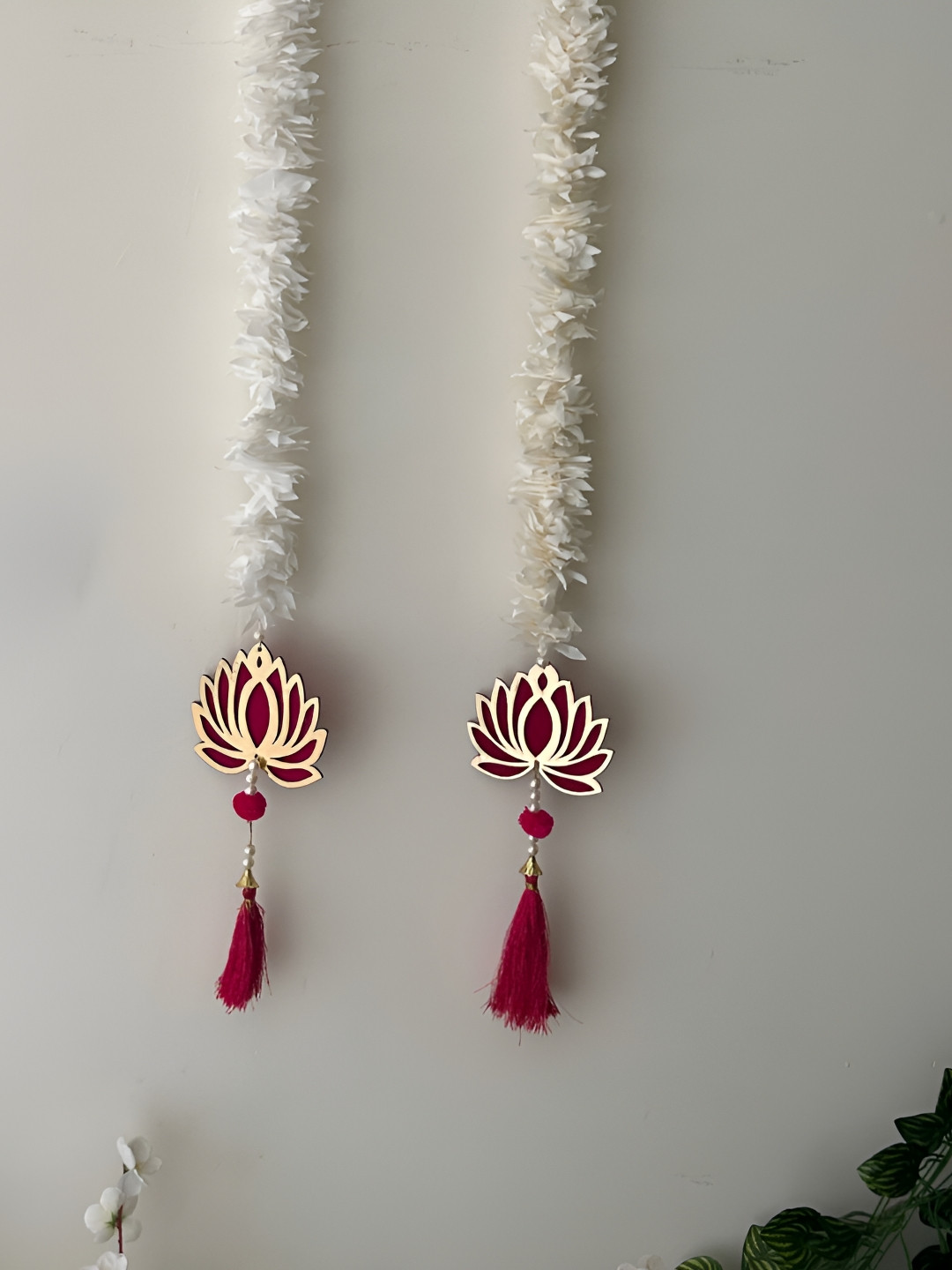 PLAYFUL STITCHES White & Maroon 4 Pieces Mogra With Lotus Floral Door Hanging