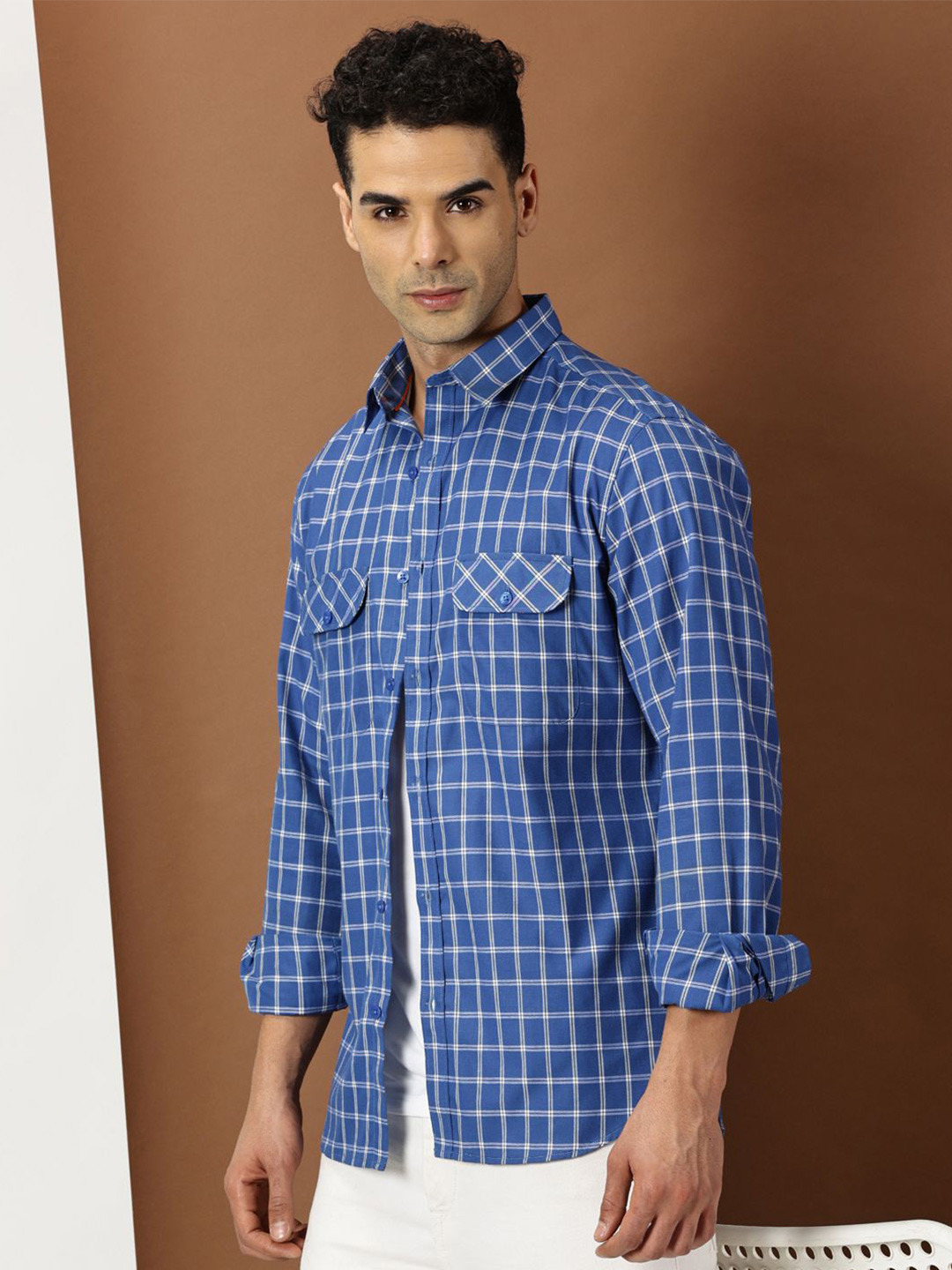 INVICTUS Men Original Cutaway Collar Windowpane Checks Checked Cotton Casual Shirt