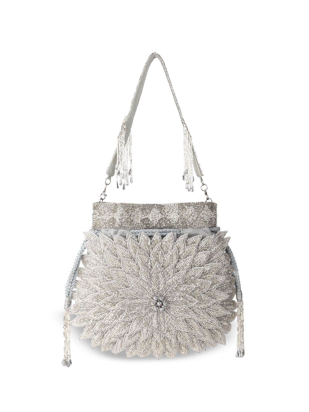 ODETTE  Grey Cutdana Embroidered Potli Bag For Women