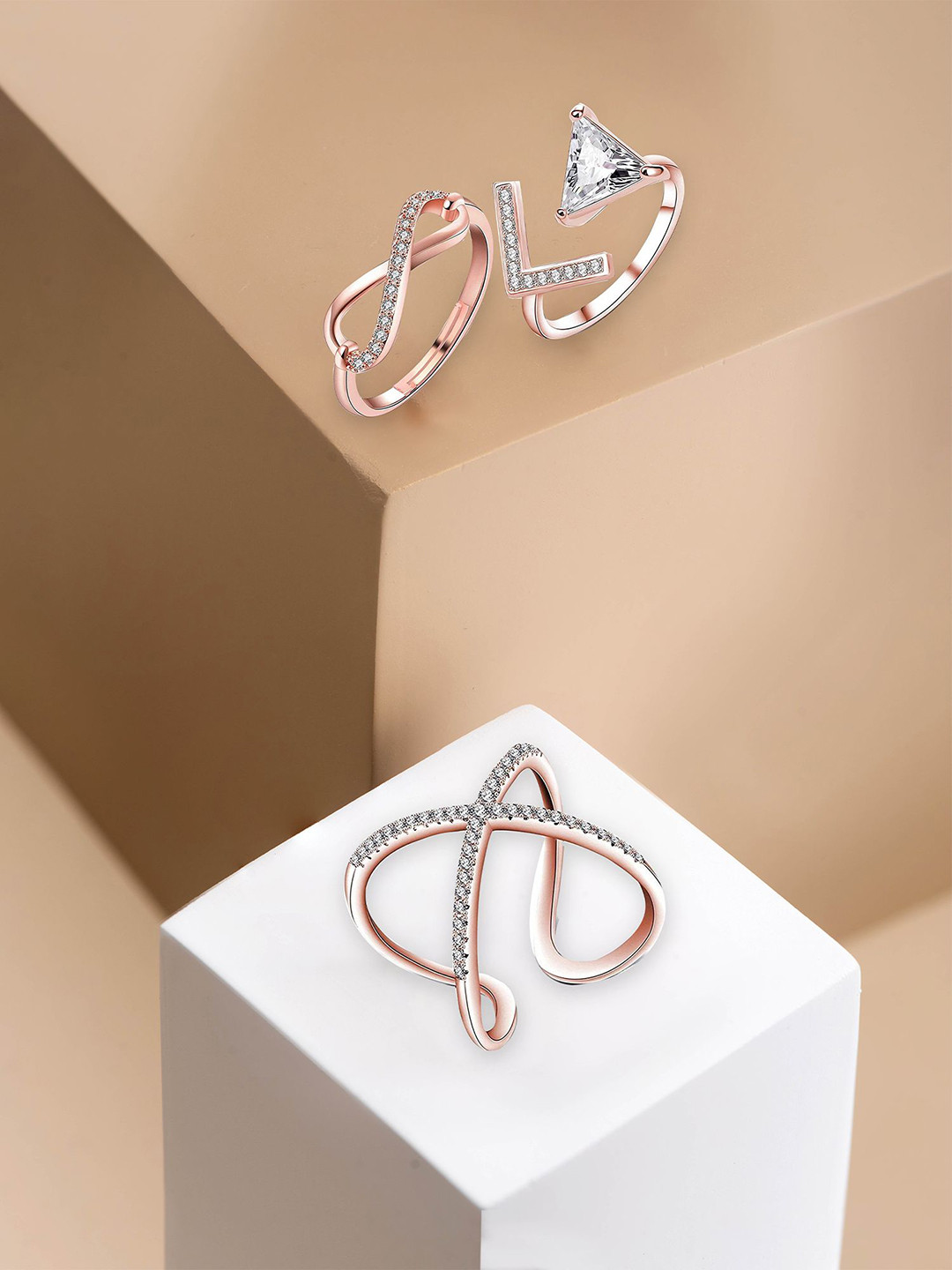 Yellow Chimes Set Of 3 Rose Gold-Plated Stone-Studded Finger Rings