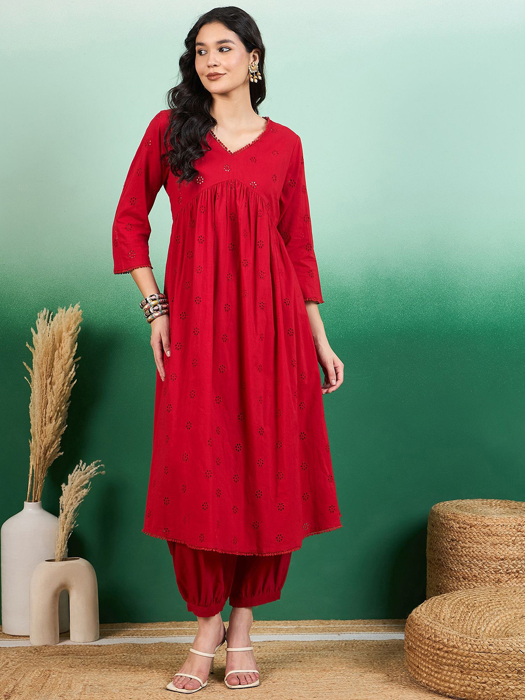 Sangria Red Schiffli V Neck Empire Anarkali Cotton Kurta