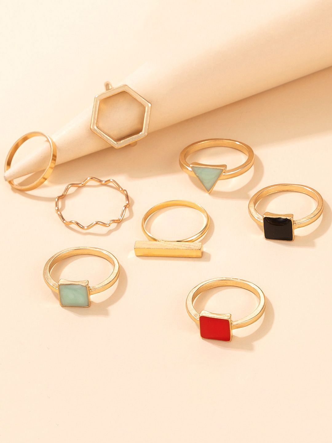 Yellow Chimes Set Of 8 Gold Plated Stone-Studded Finger Rings