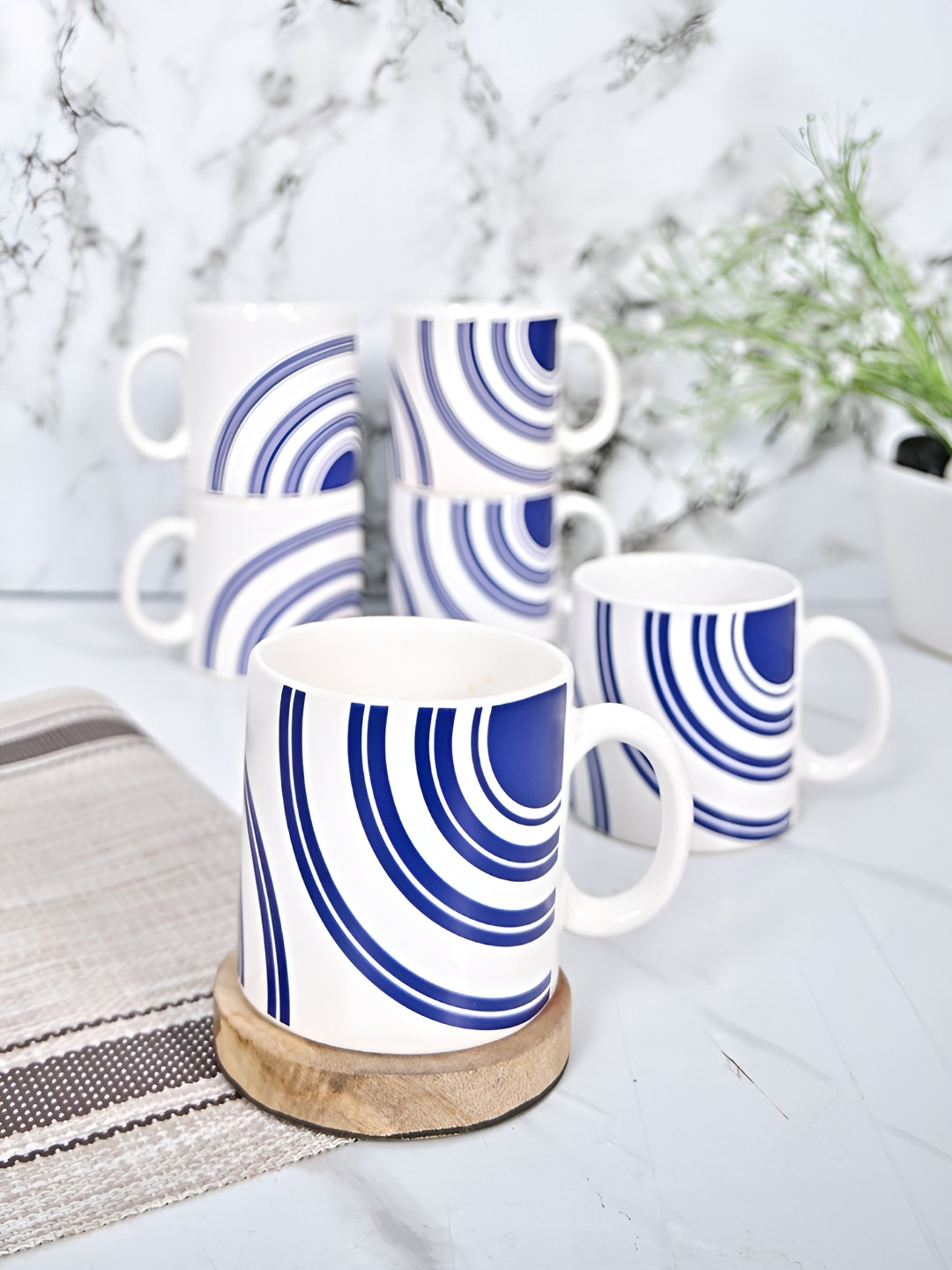 Femora Unicorn Blue Abstract Ceramic Microwave Safe 6 Piece Cups-180ml