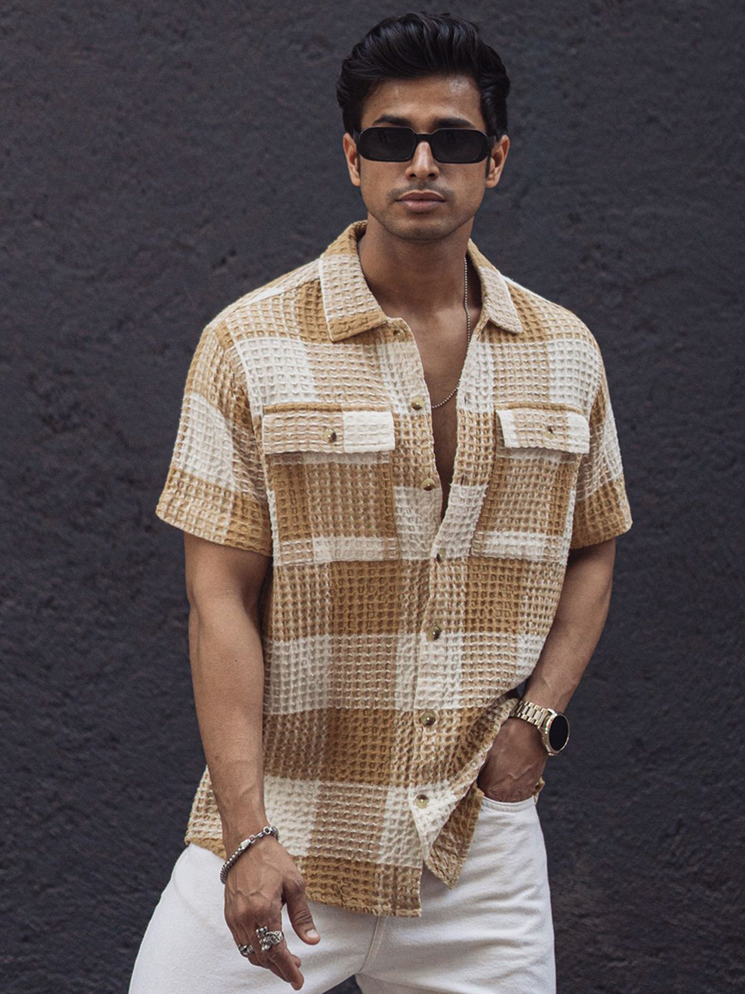 Powerlook Men Tartan Checks Opaque Checked Casual Shirt 02-1051520-S-Beige and Off White