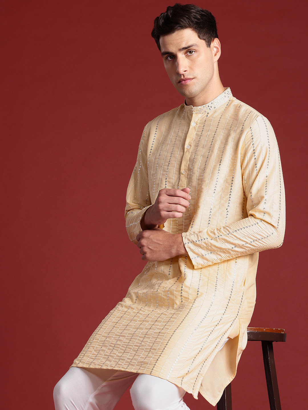 Anouk Striped Sequinned Embroidered Kurta with Churidar Set